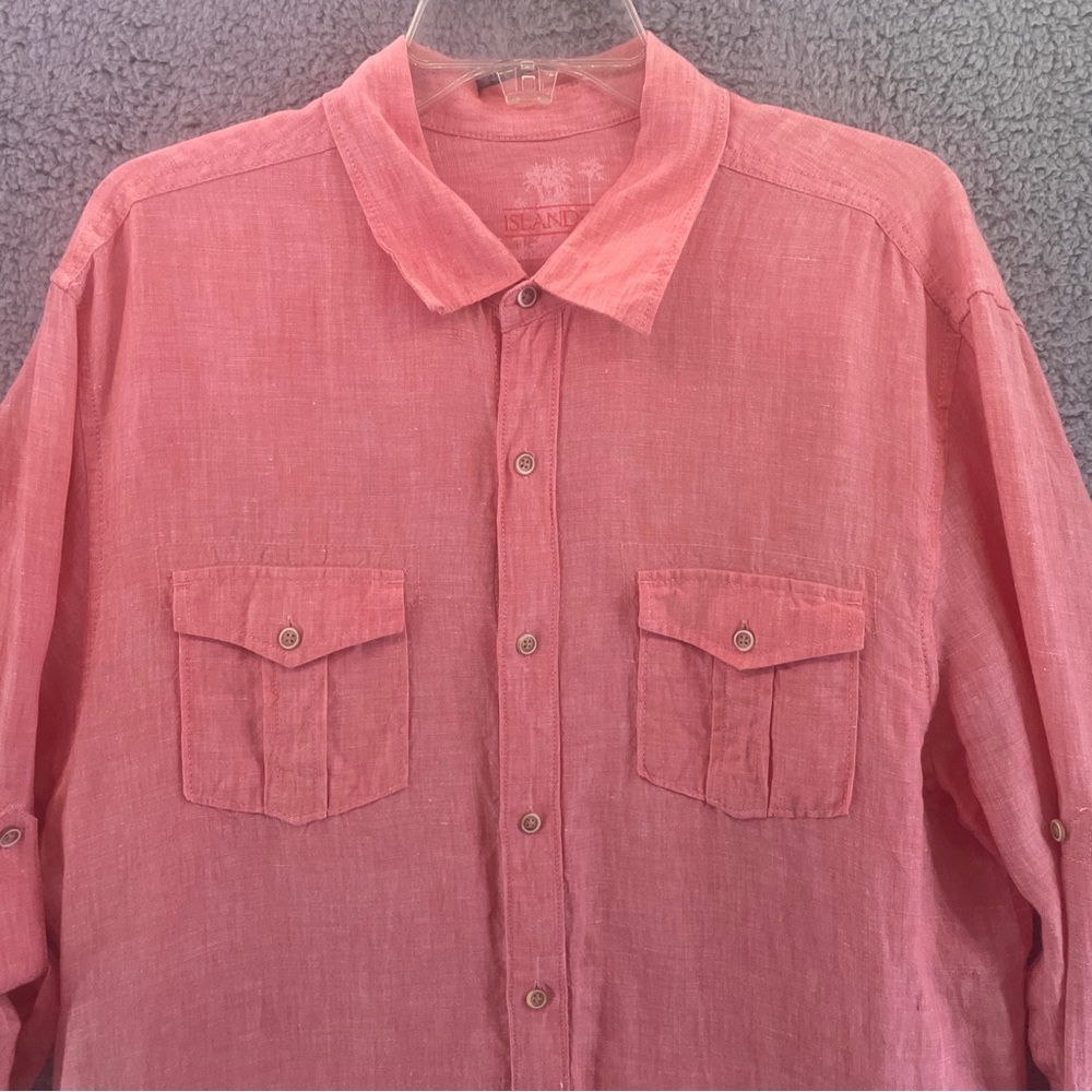 Islander 100% Linen Men's Long Sleeve Button Up Shirt Size Large Peach Orange